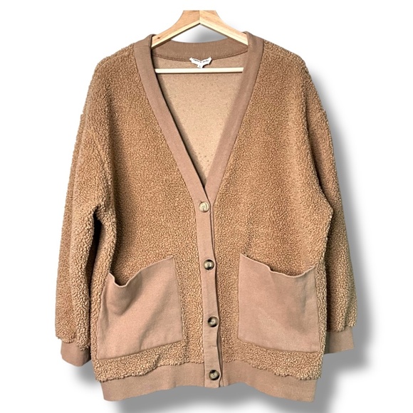 AARON & AMBER Sherpa Button Front Cardigan / Jacket Patch Pockets US Sz L - Picture 1 of 9